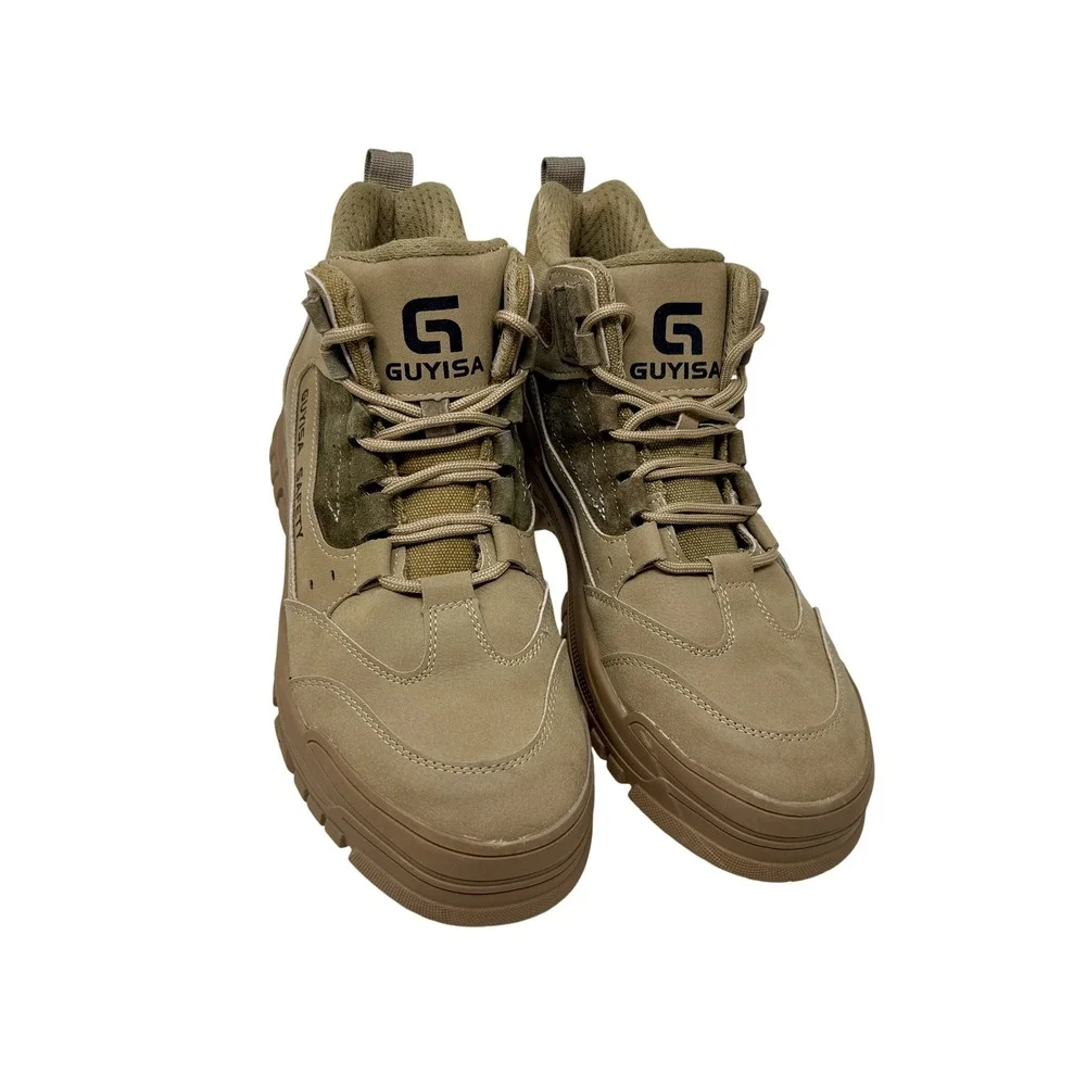GUYISA Safety Tan Work Hiking Boots Mid Top Steel Toe GB21148-2020 Men's Sz 44